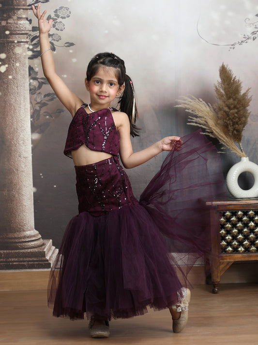 Wine Color Ethnic Wear Sleeveless Lehenga Choli Set For Girls-M250317