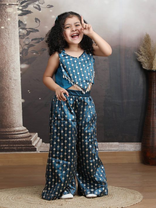 Green Color Ethnic Wear Sleeveless plazzo top Set For Girls M250319