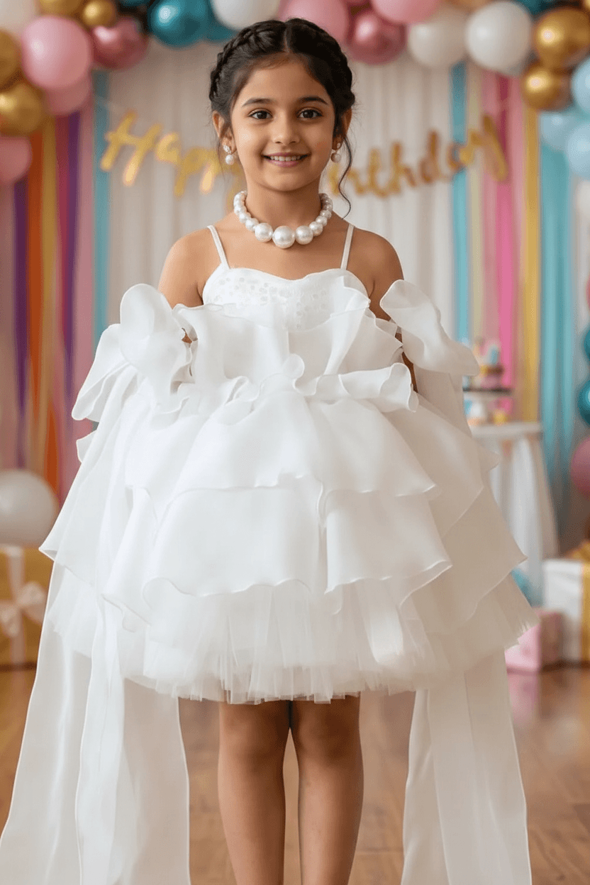 White Ruffle Tulle Party Dress for Girls M260248