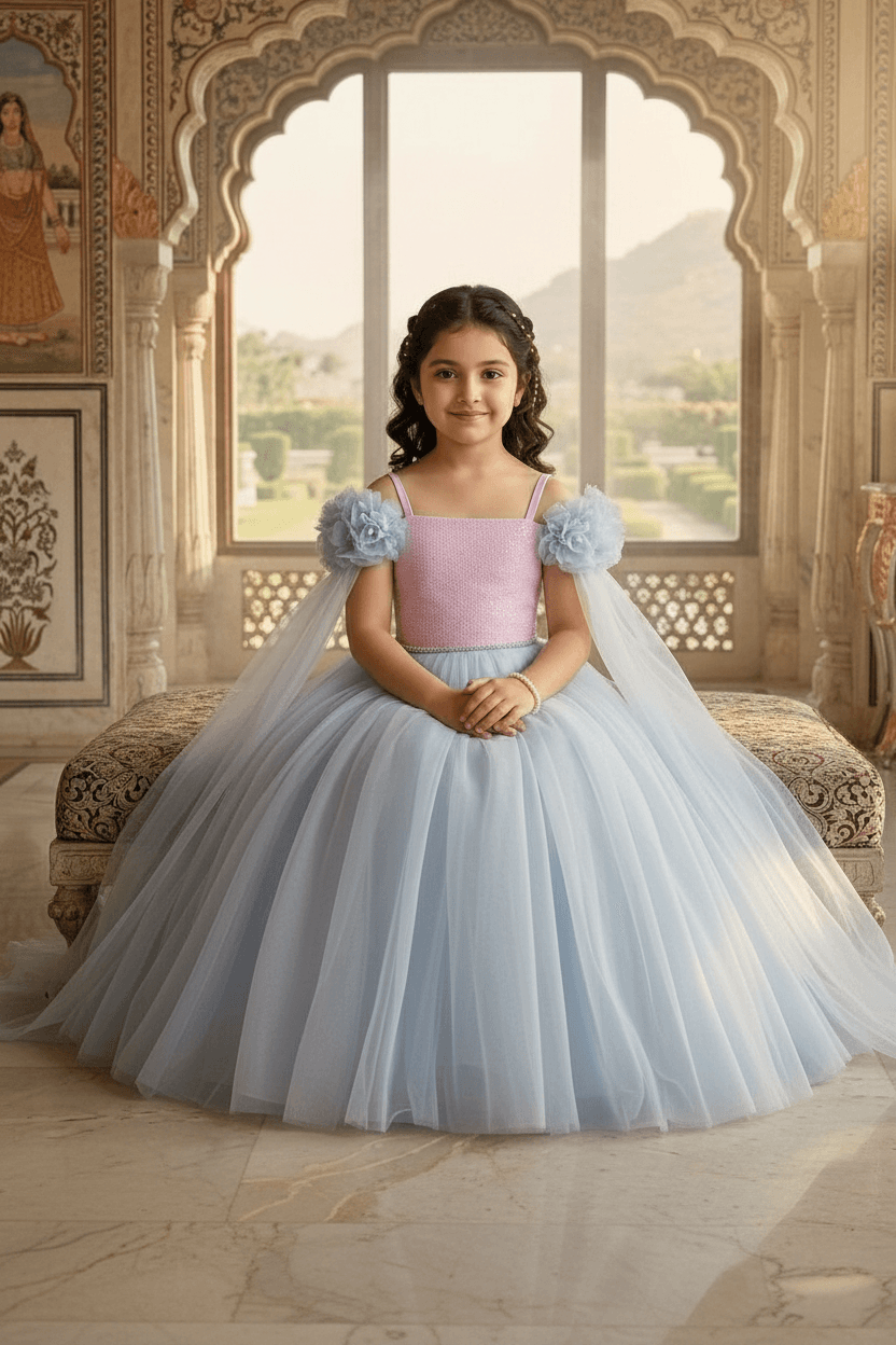 Pink Floral Embroidered Net Gown Length Party Dress for Girls