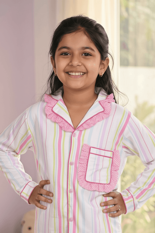 Girls white printed night suit set