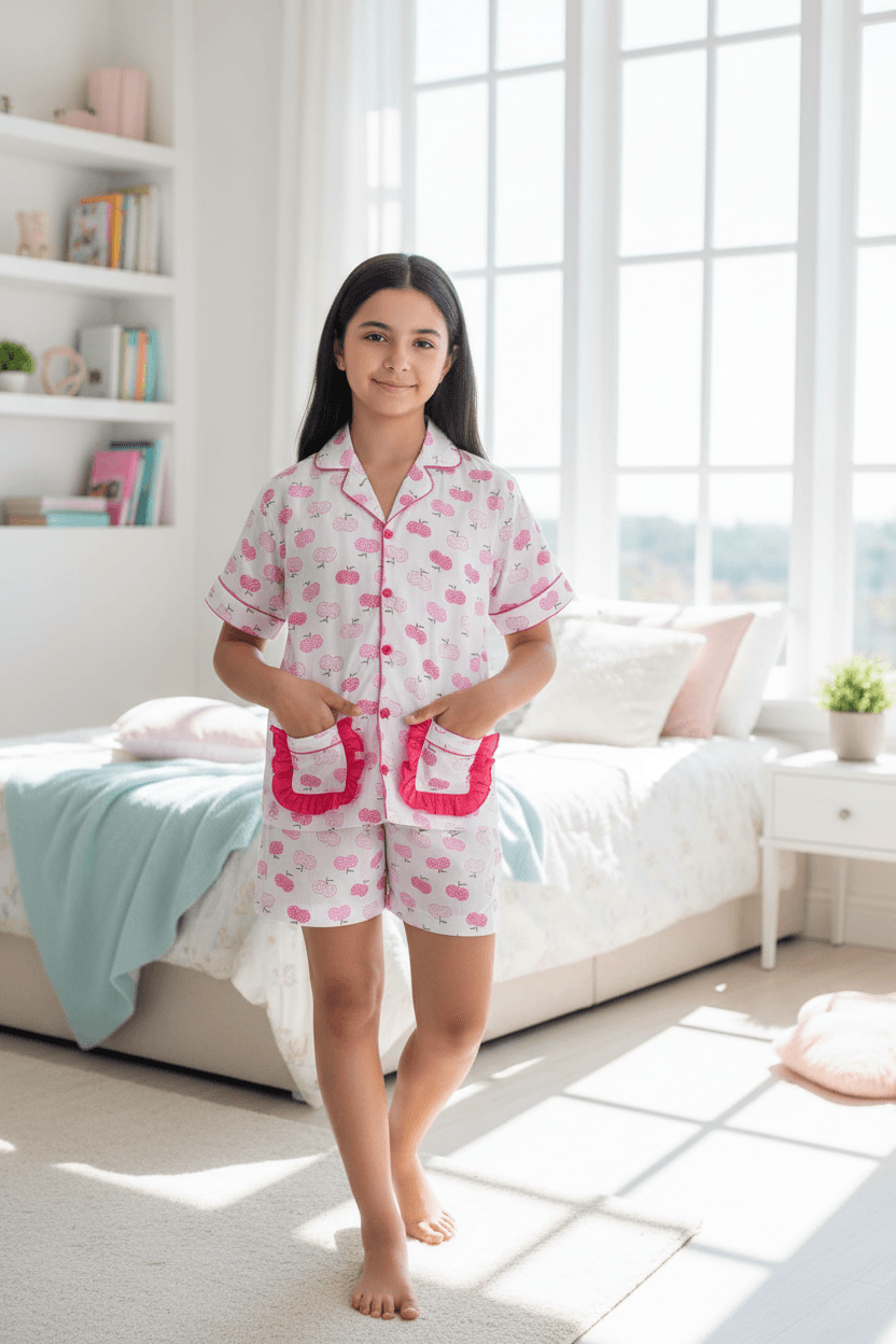 Girls Pink printed night suit set with shorts