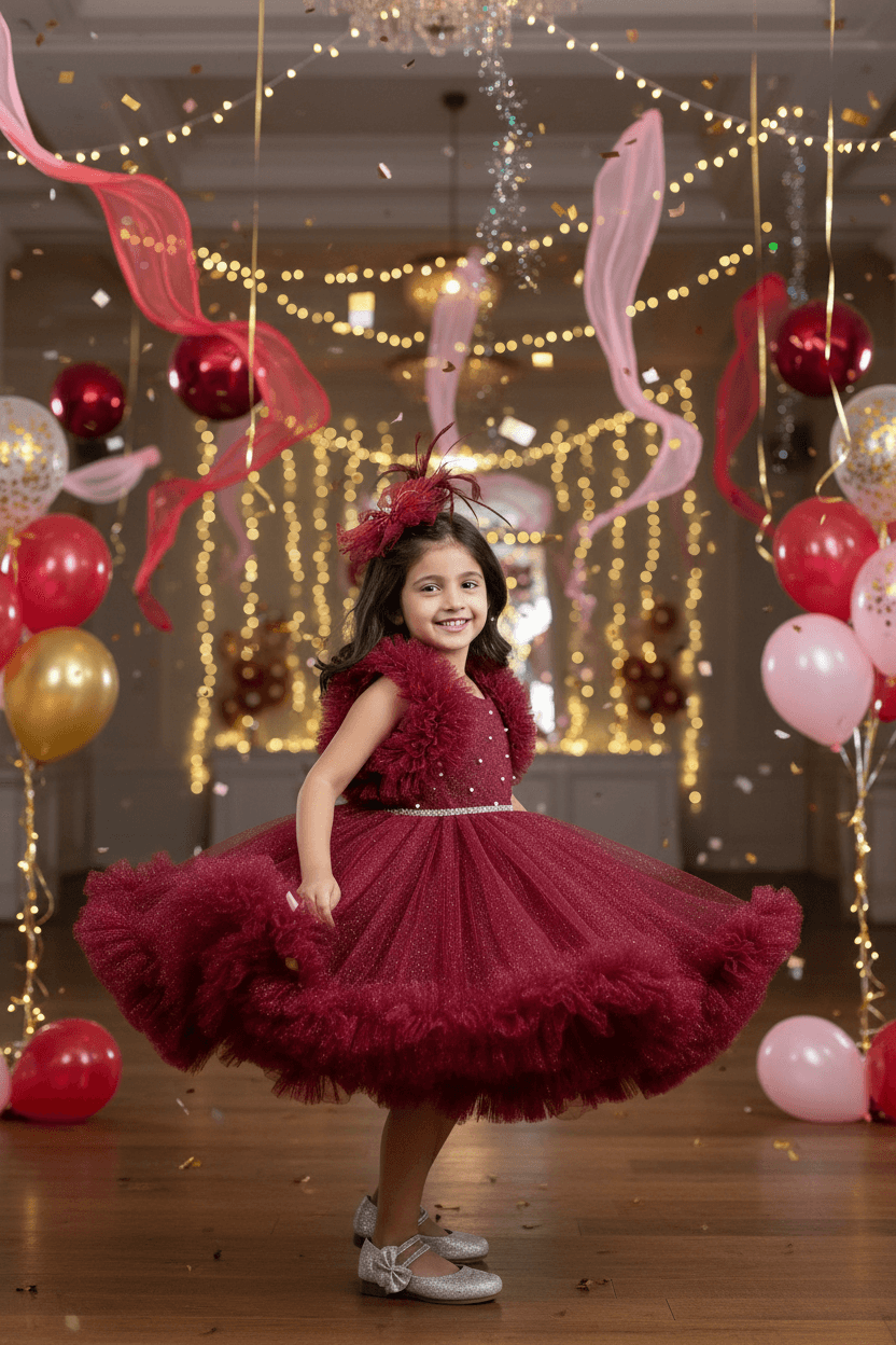Girls Wine knee length Party frock M240020