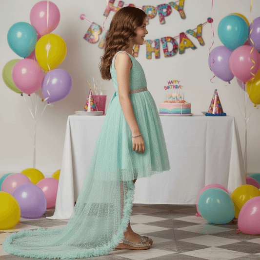 Girls green knee length Party frock m234001