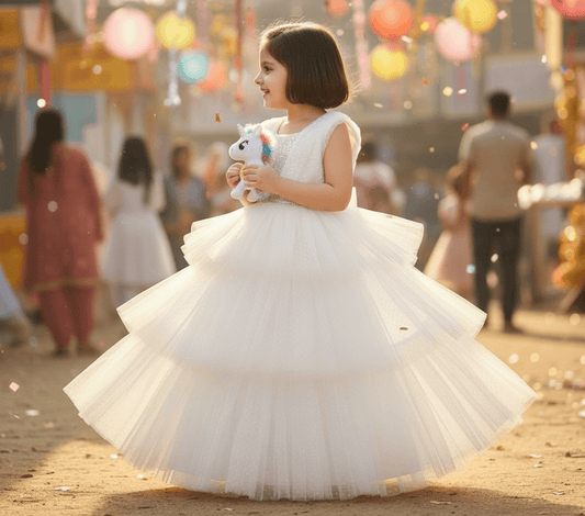 Girls white knee length Party frock m240014