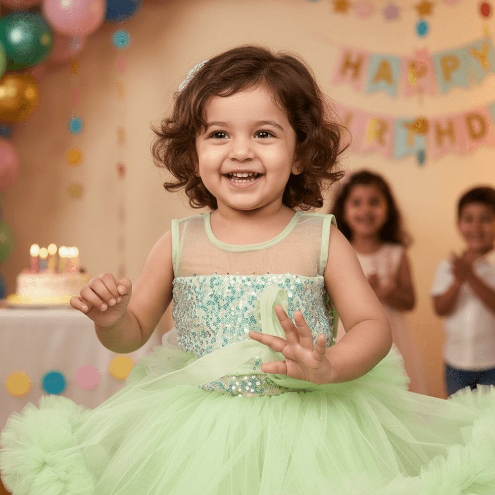 green party frock for girls-M250023