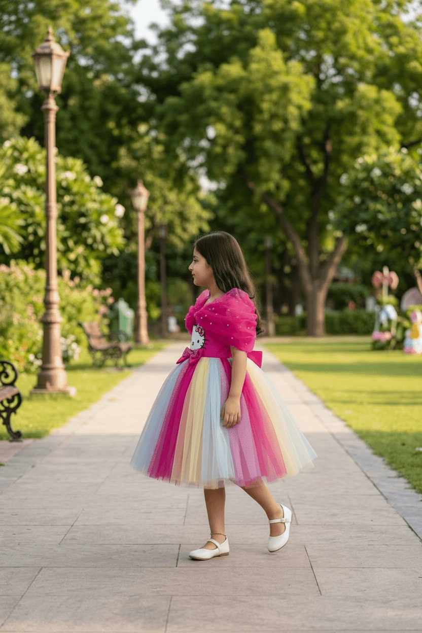 Magenta Tulle Pearl Party Frock for Girls M260068