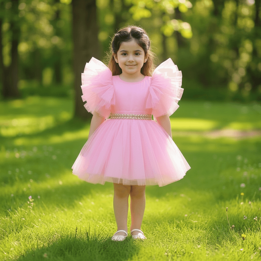 Candy Pink Tutu Frock with Dramatic Ruffle Sleeves & Gold Waistband for Girls