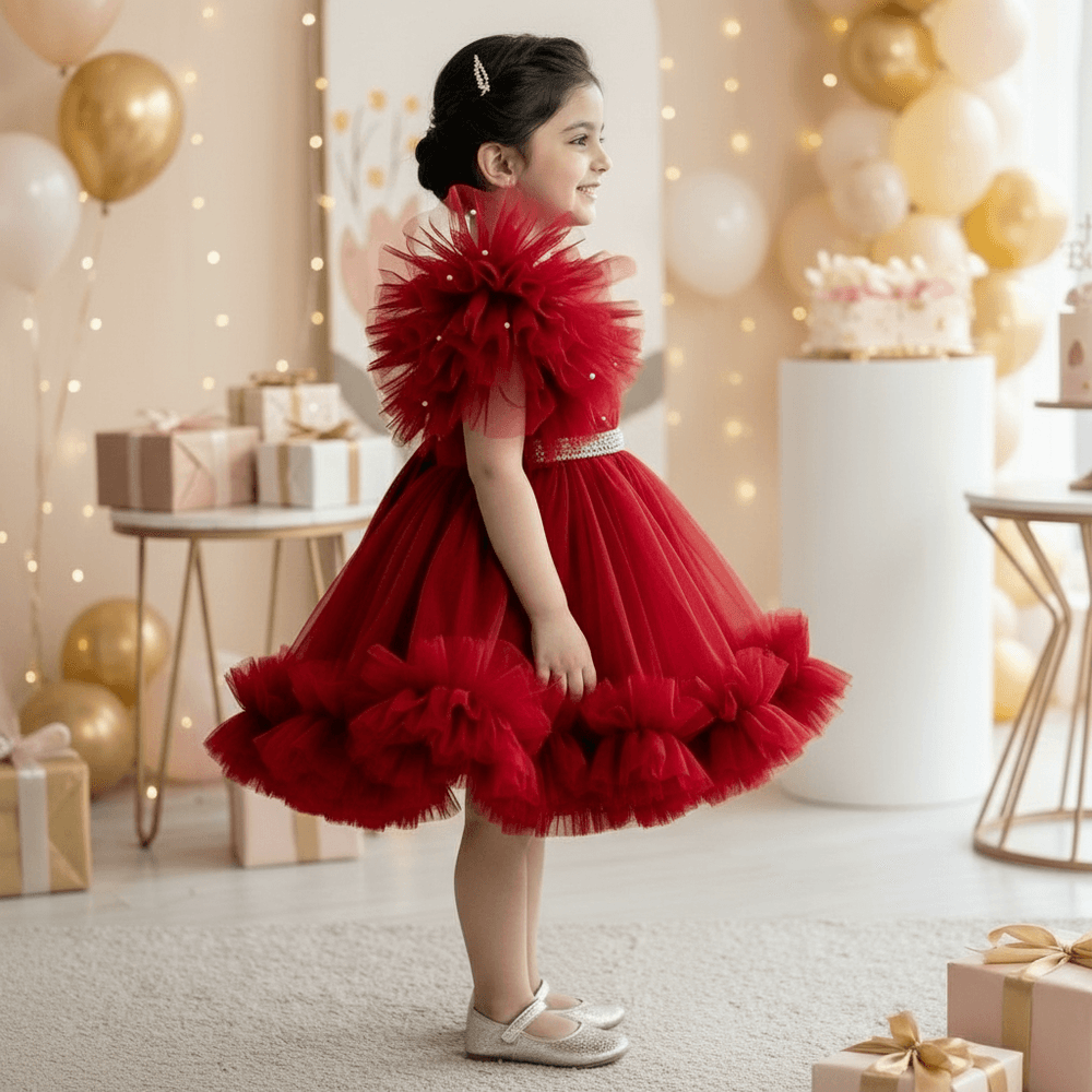 Ruby Red Party Frock with Gold Trim & Statement Bow Detail for Girls M260192