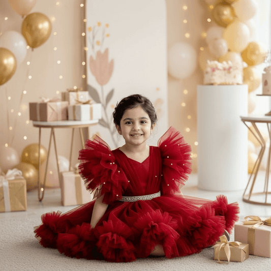 Ruby Red Party Frock with Gold Trim & Statement Bow Detail for Girls M260192