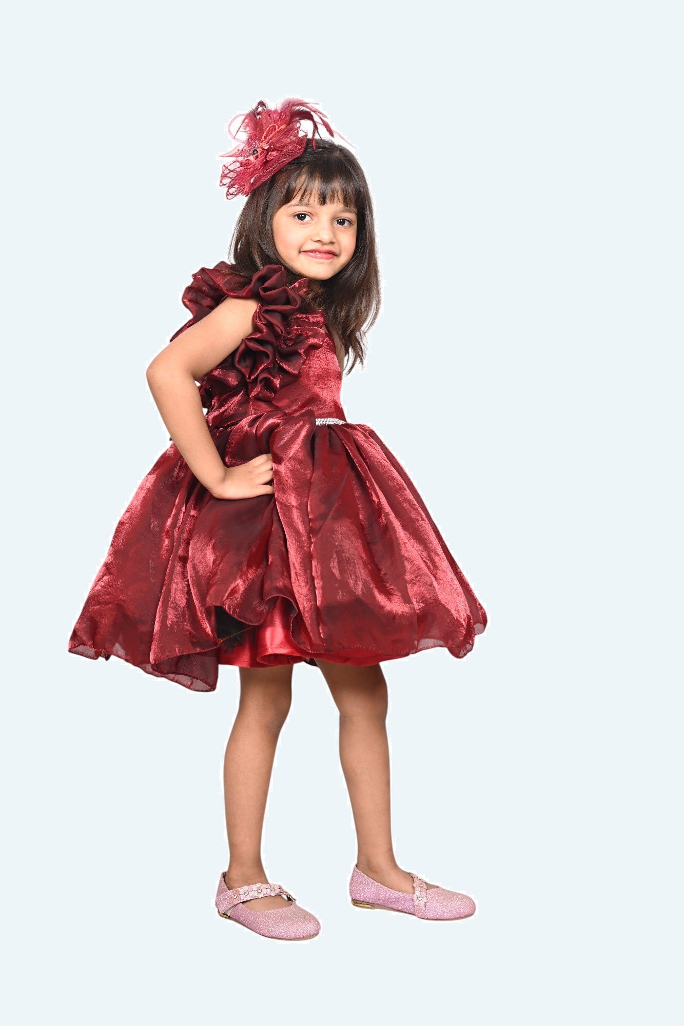 Girls Maroon one shoulder Party frock-m250004
