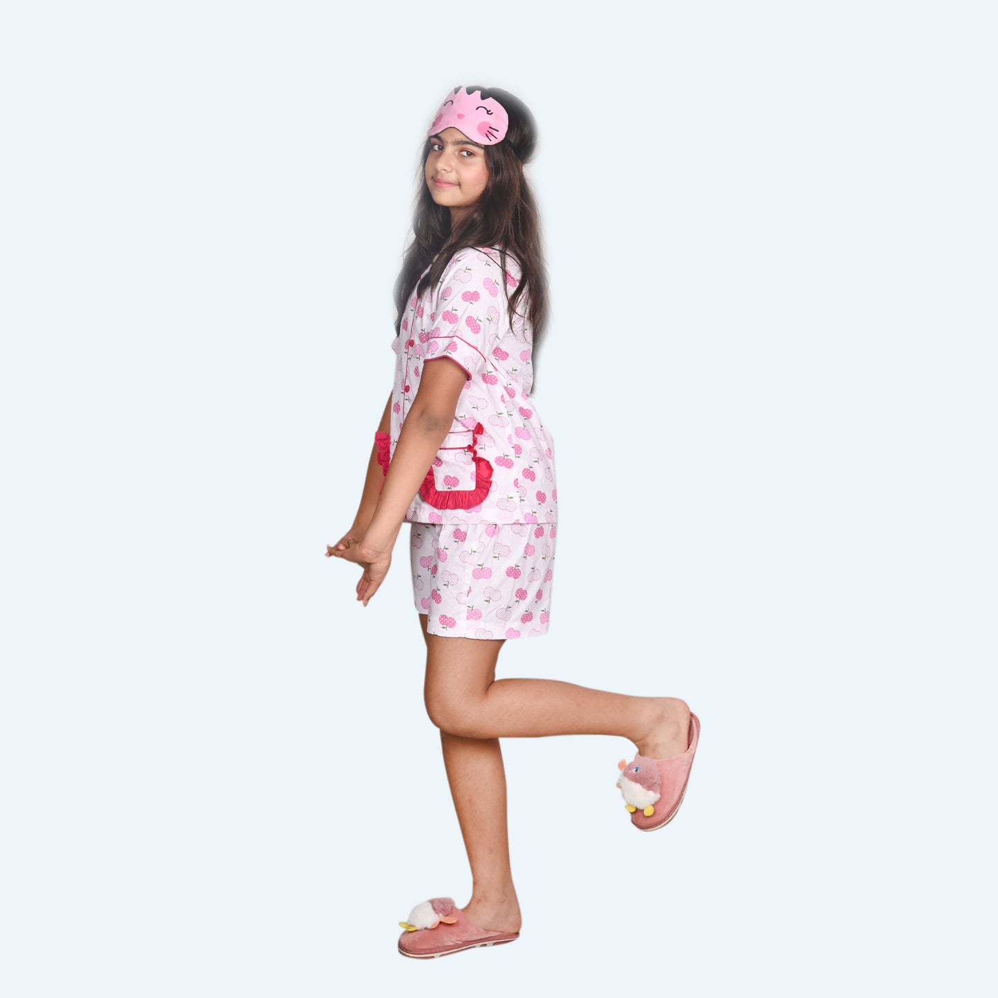 Girls Pink printed night suit set with shorts