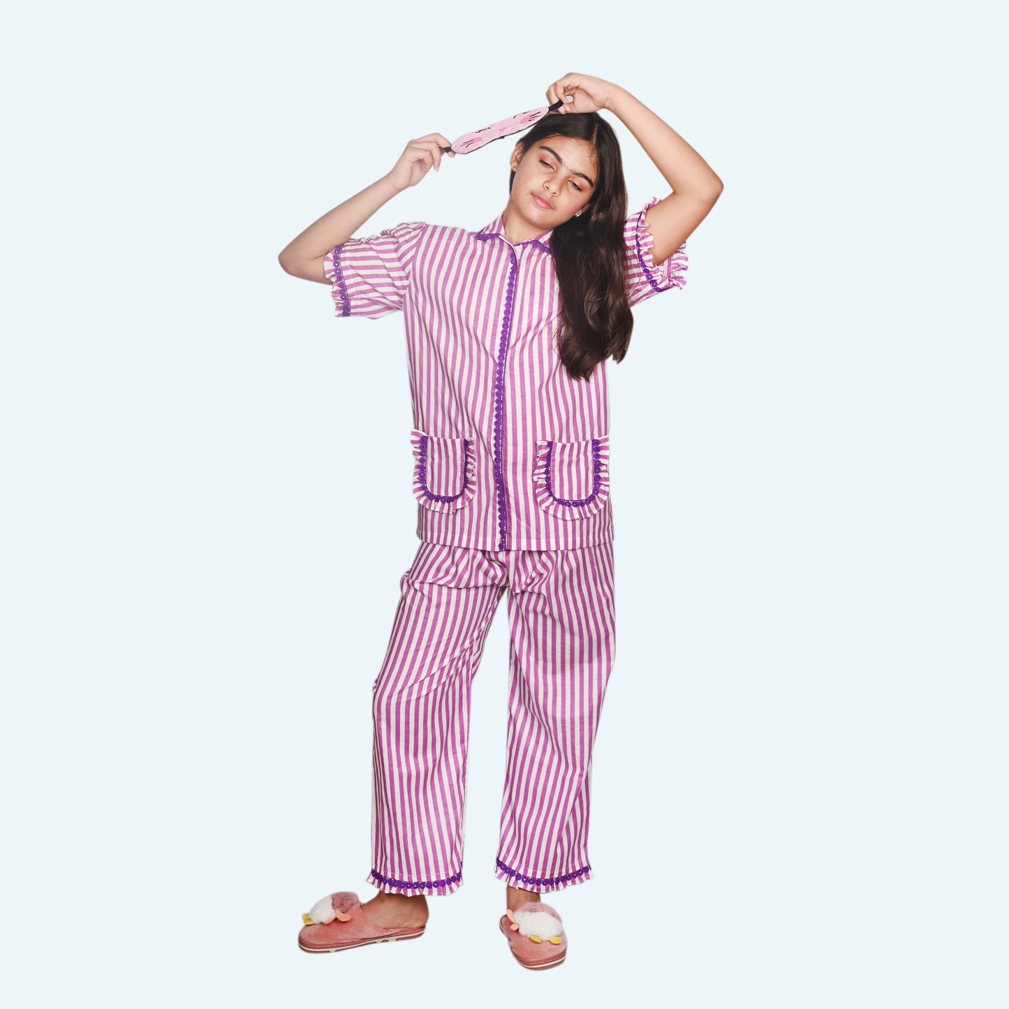 Girls Purple stripes night suit set