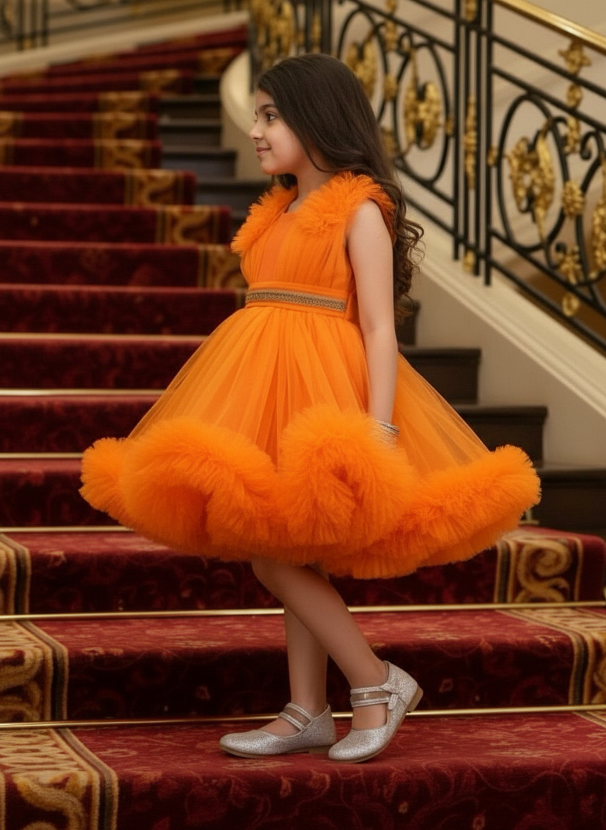 Girls orange knee length Party frock m240013