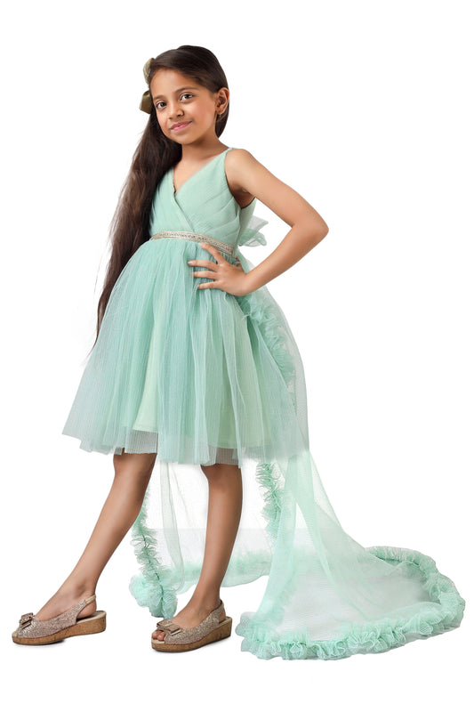 Girls green knee length Party frock m234001