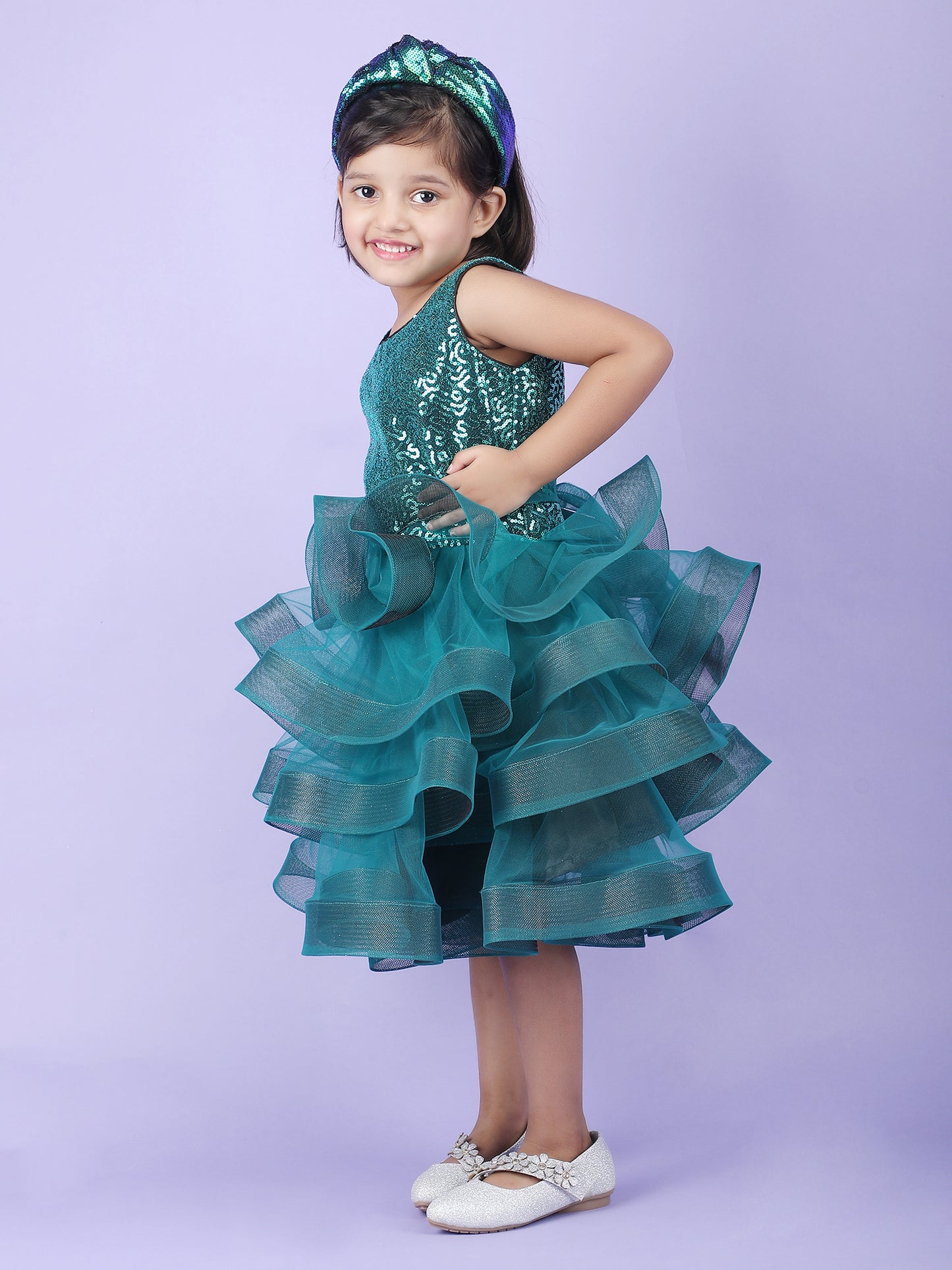 Girls Green knee length Party frock m240019