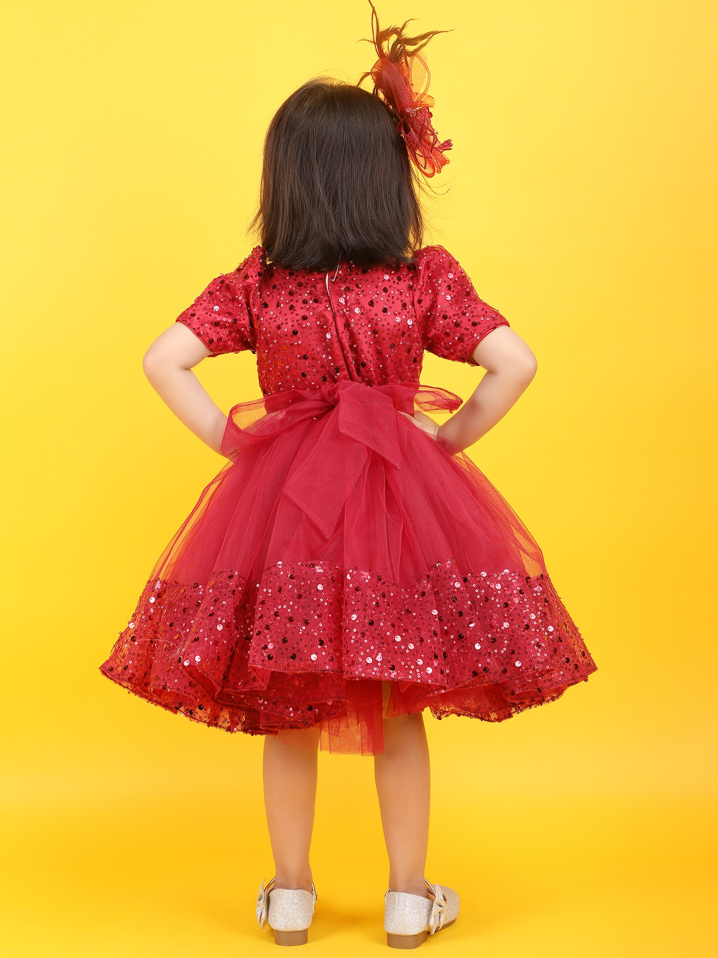 Girls red knee length Party frock M240006