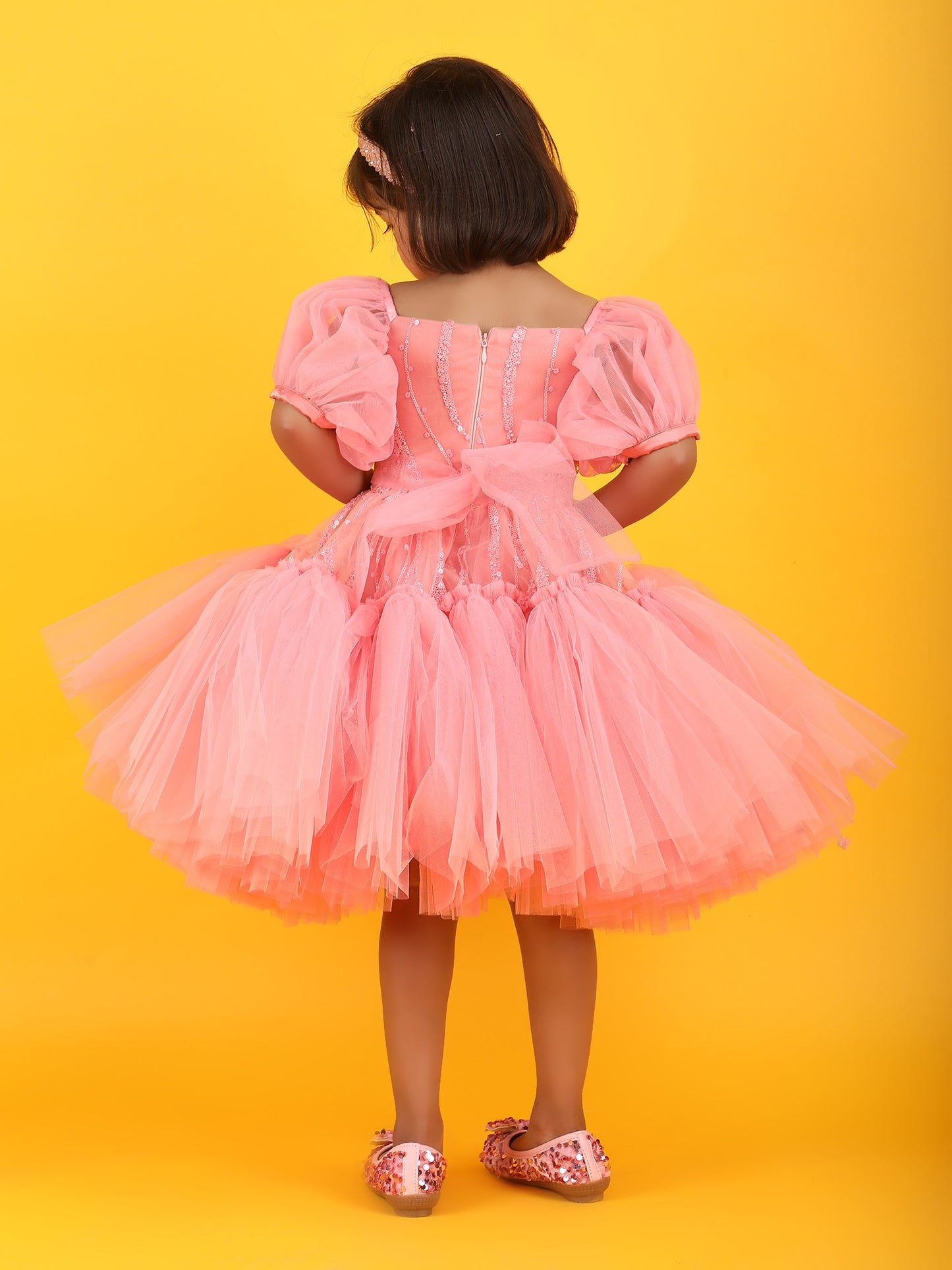 Girls Peach knee length Party frock M240009