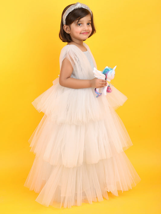 Girls white knee length Party frock m240014