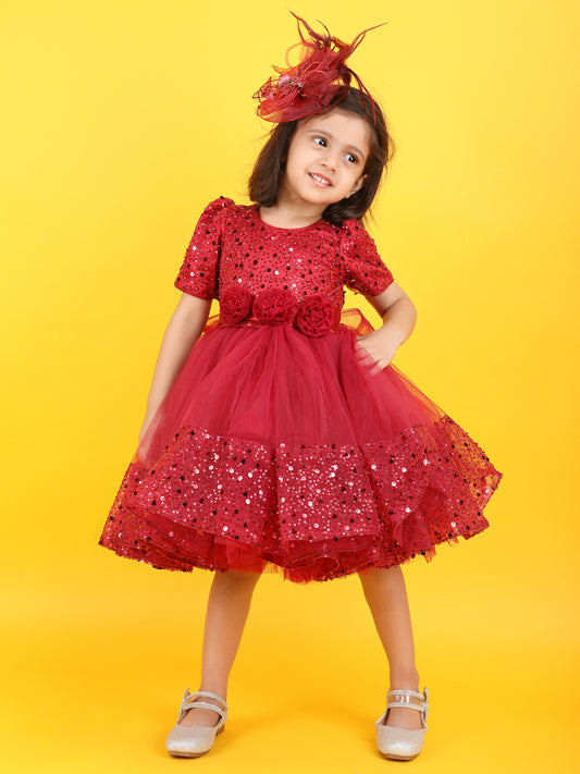 Girls red knee length Party frock M240006