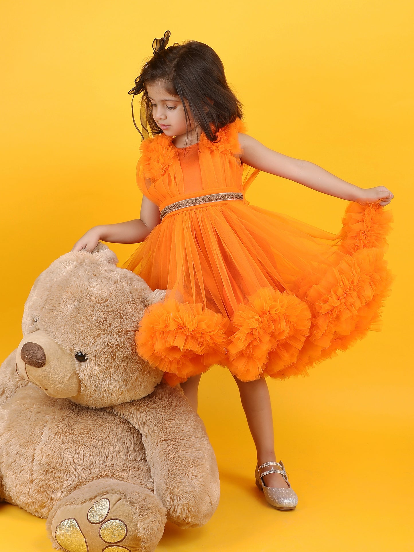 Girls orange knee length Party frock m240013