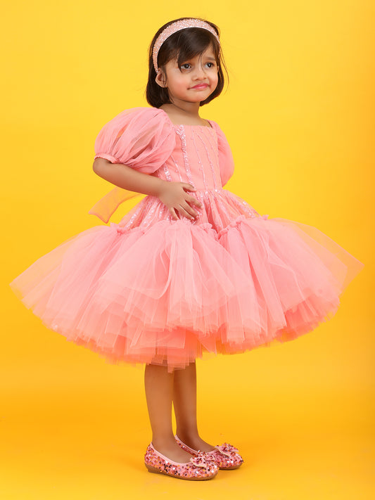 Girls Peach knee length Party frock M240009
