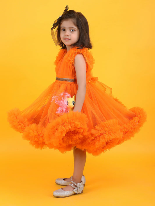 Girls orange knee length Party frock m240013