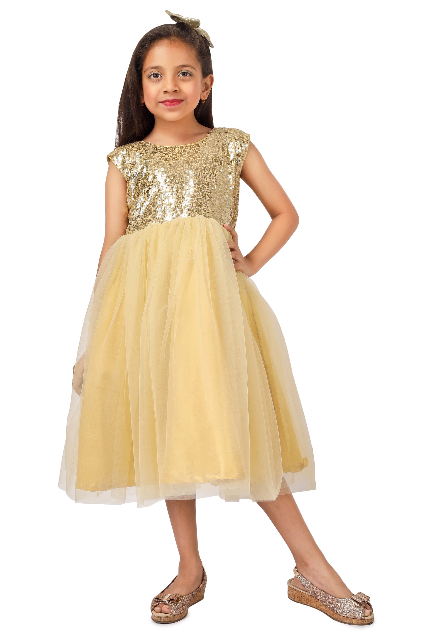 Girls golden knee length Party frock M234201