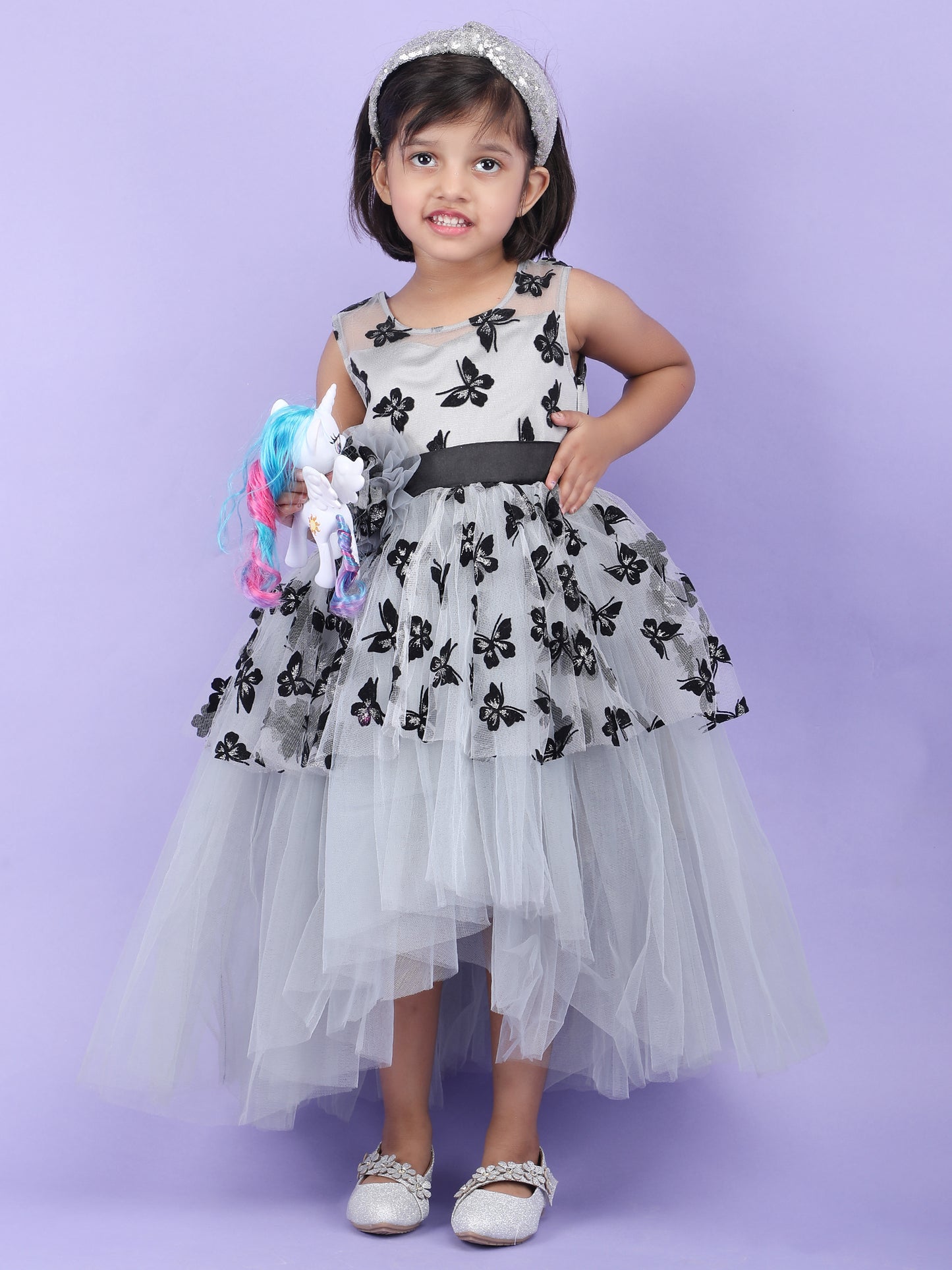 Girls Grey knee length Party frock m240021