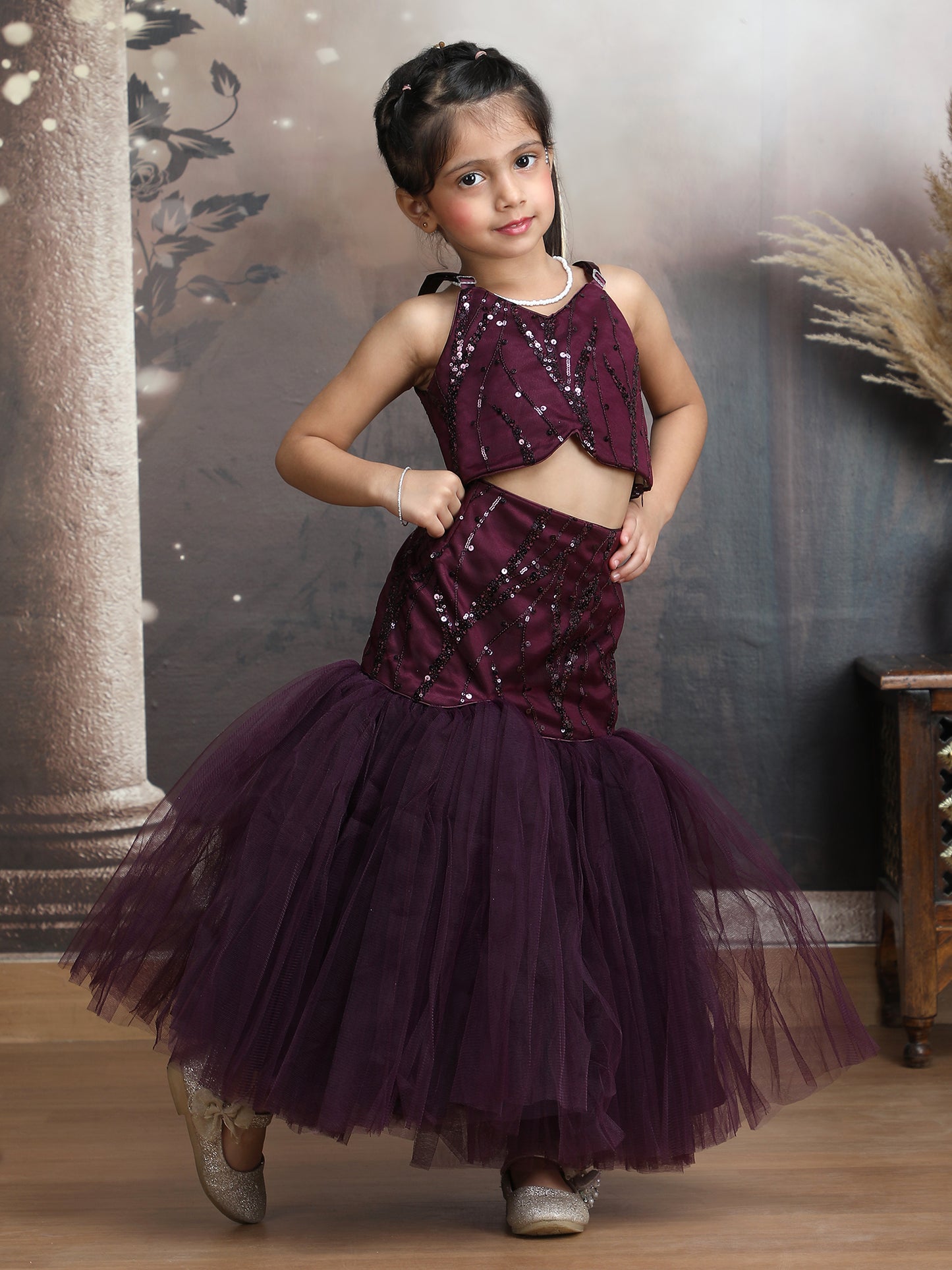 Wine Color Ethnic Wear Sleeveless Lehenga Choli Set For Girls-M250317