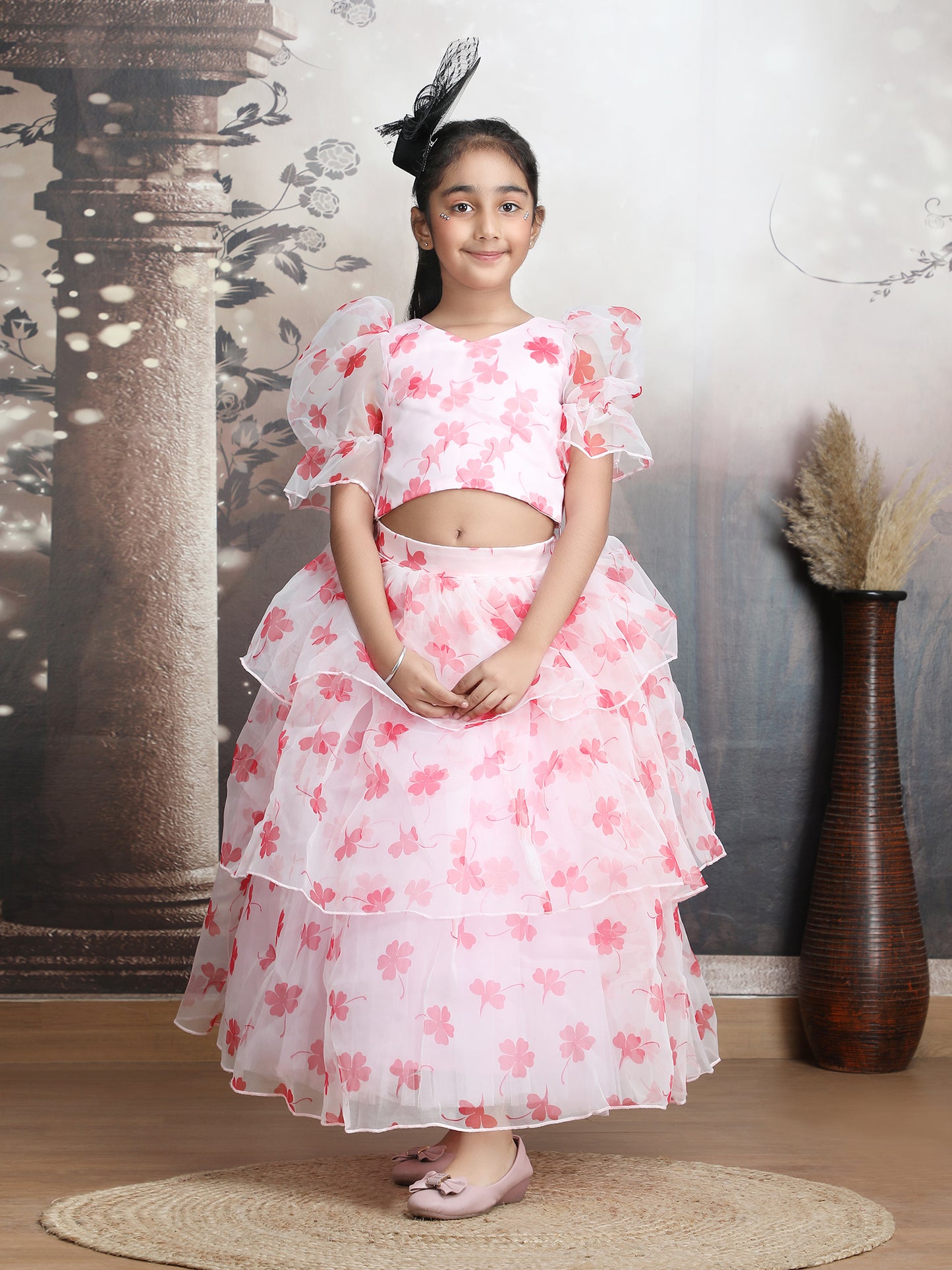 Girls pink printed indo western party dress