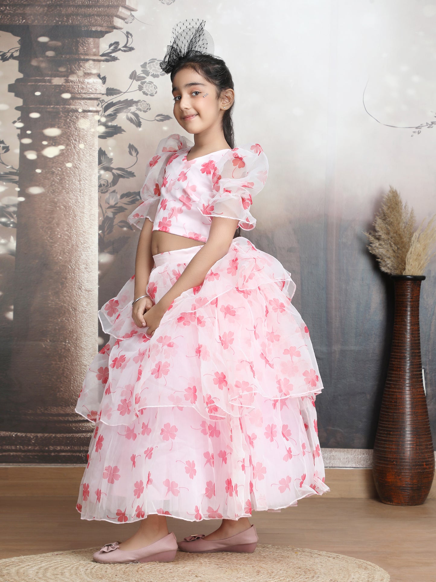Girls pink printed indo western party dress