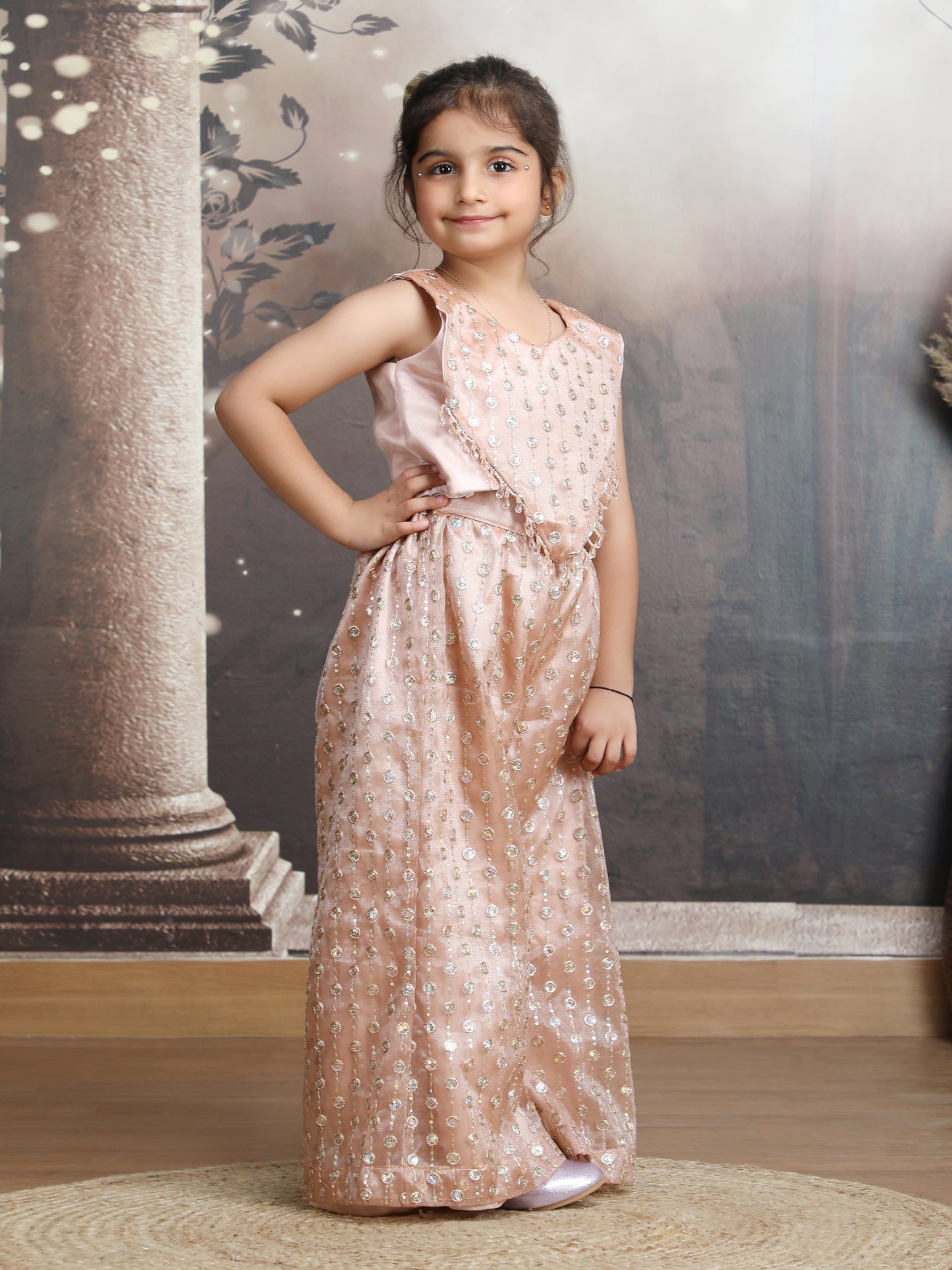 champagne Color Ethnic Wear Sleeveless plazzo top Set For Girls M250318