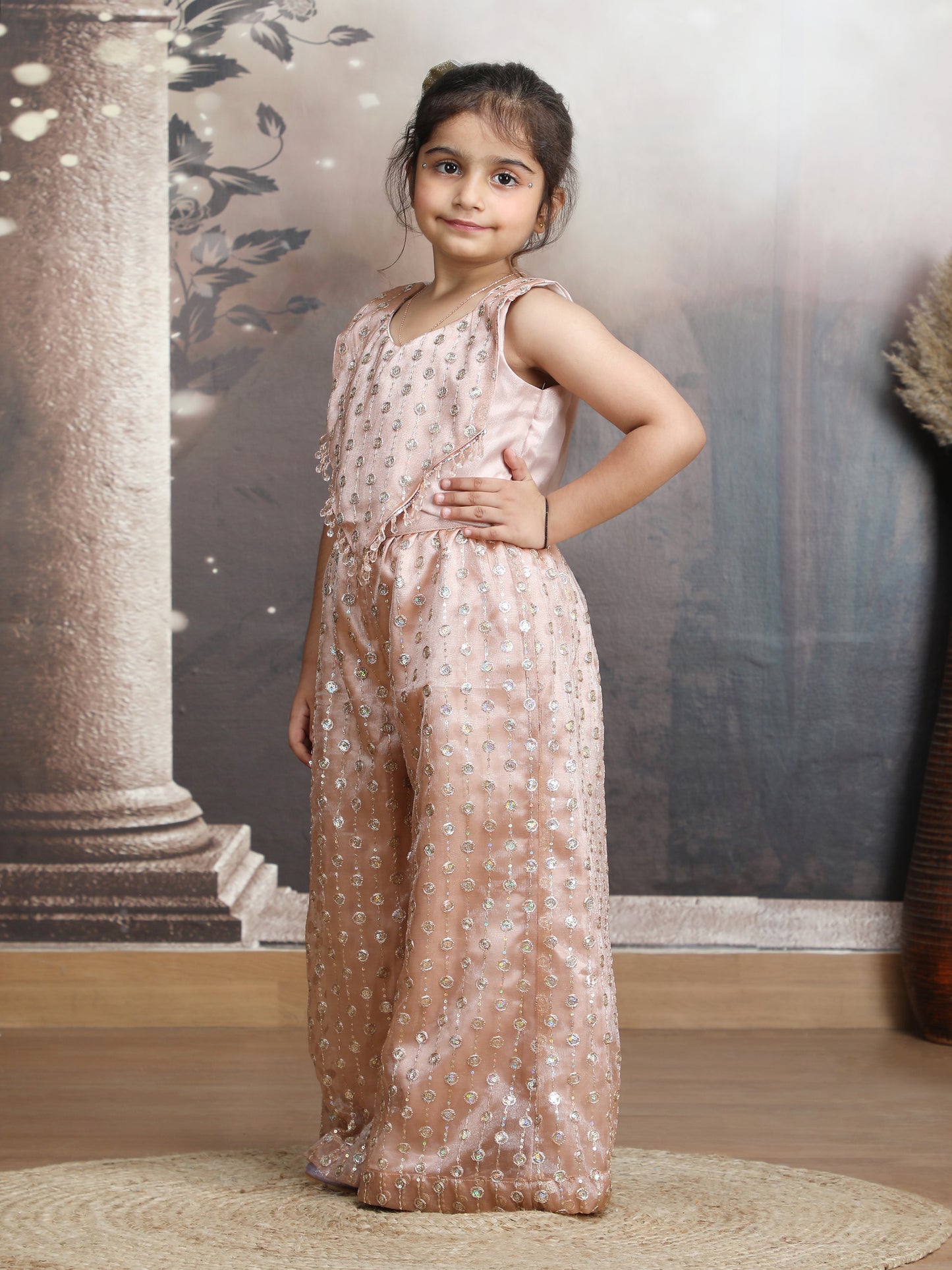 champagne Color Ethnic Wear Sleeveless plazzo top Set For Girls M250318