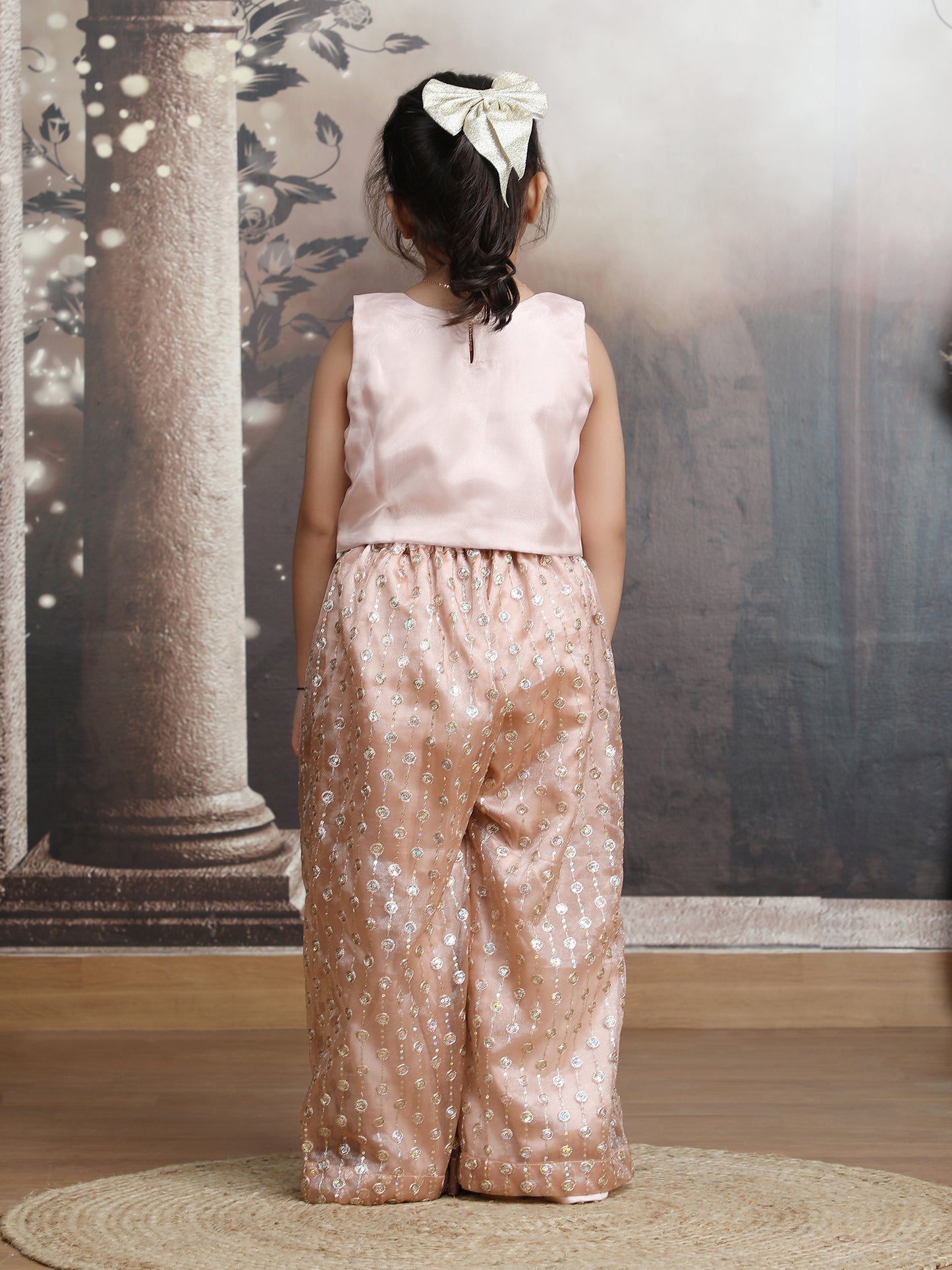 champagne Color Ethnic Wear Sleeveless plazzo top Set For Girls M250318