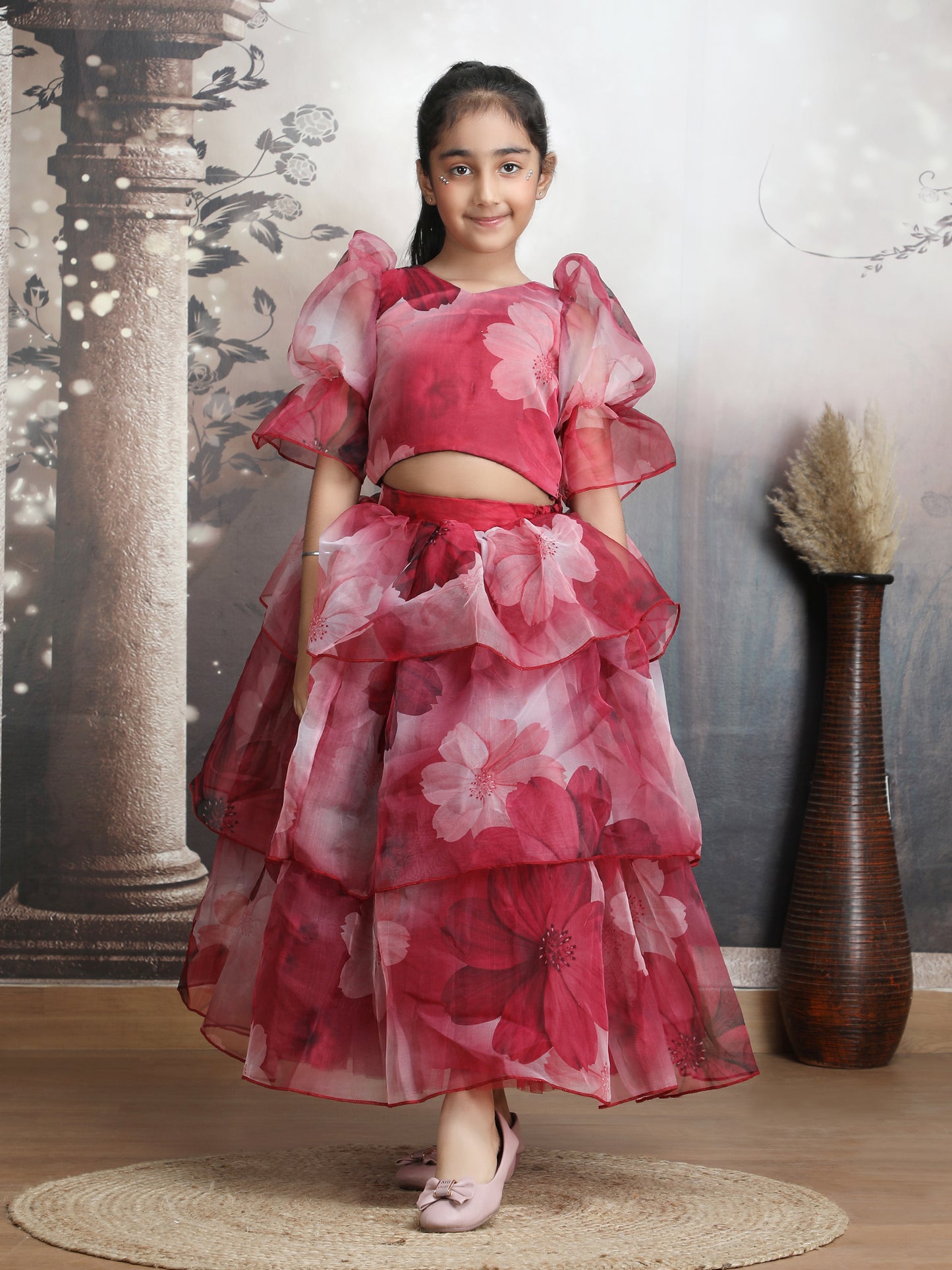 Girls maroon printed indo western party dress