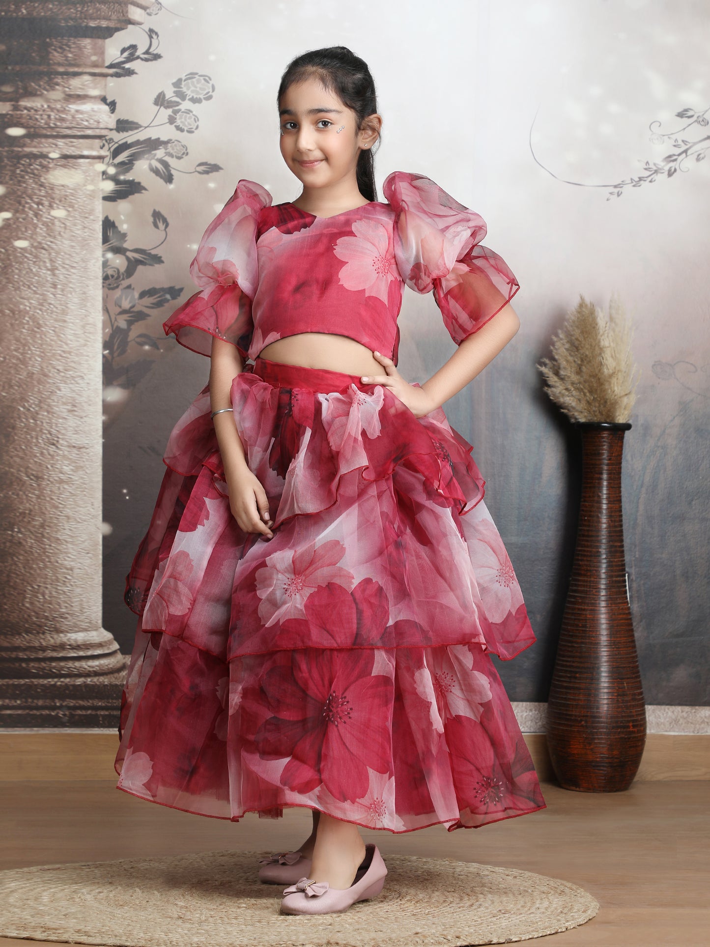 Girls maroon printed indo western party dress