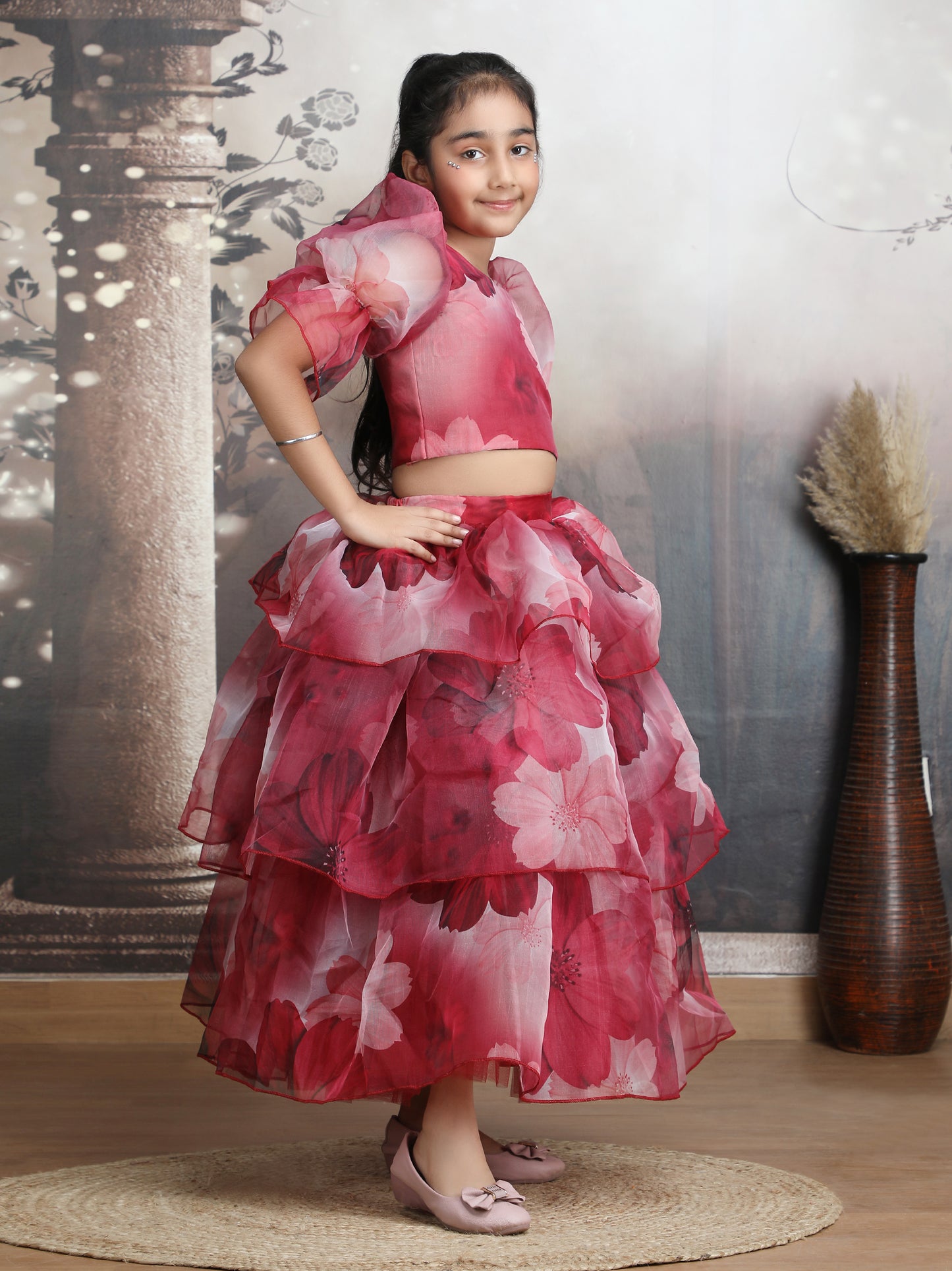 Girls maroon printed indo western party dress