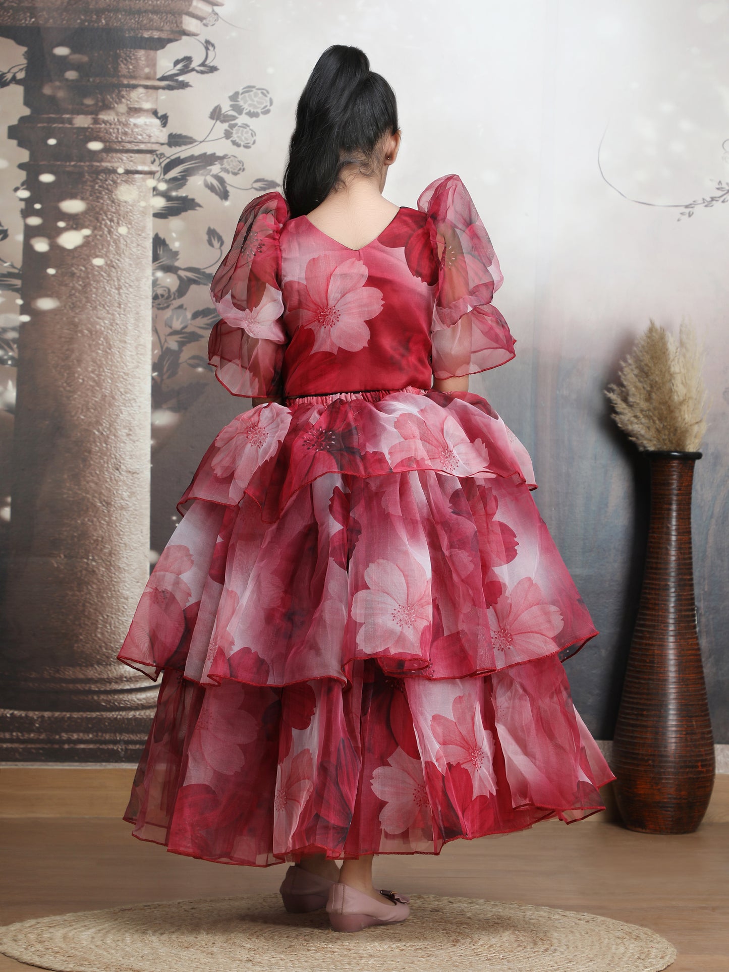 Girls maroon printed indo western party dress