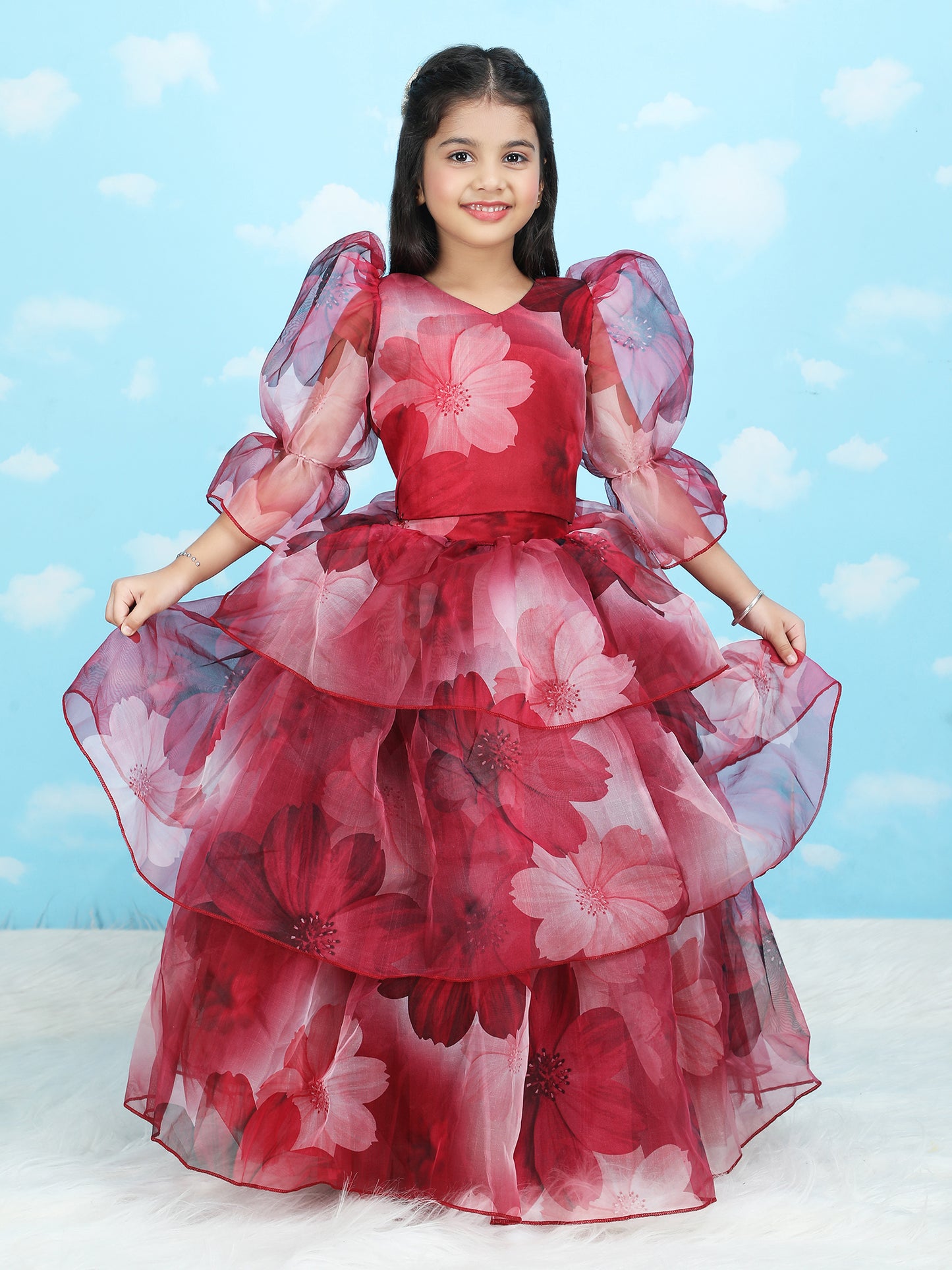 Girls maroon printed indo western party dress