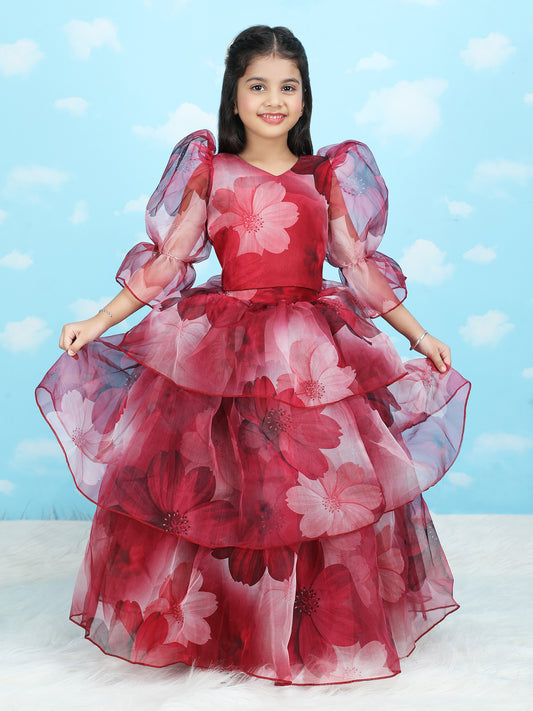Girls maroon printed indo western party dress