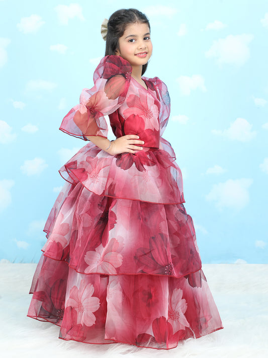 Girls maroon printed indo western party dress