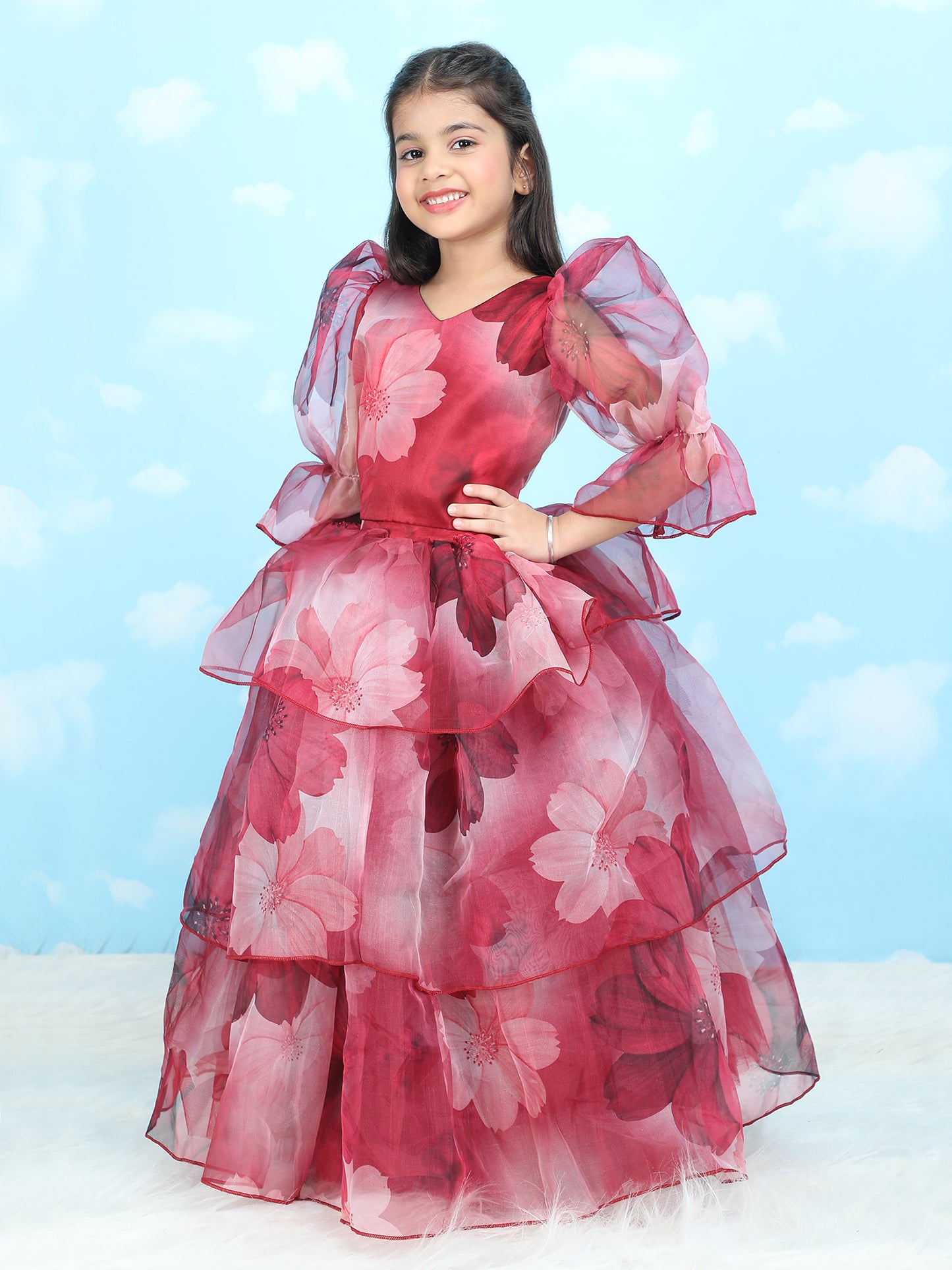 Girls maroon printed indo western party dress