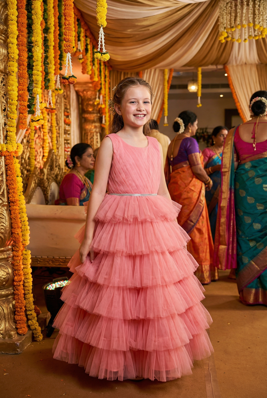 Girls peach casual frock m250059