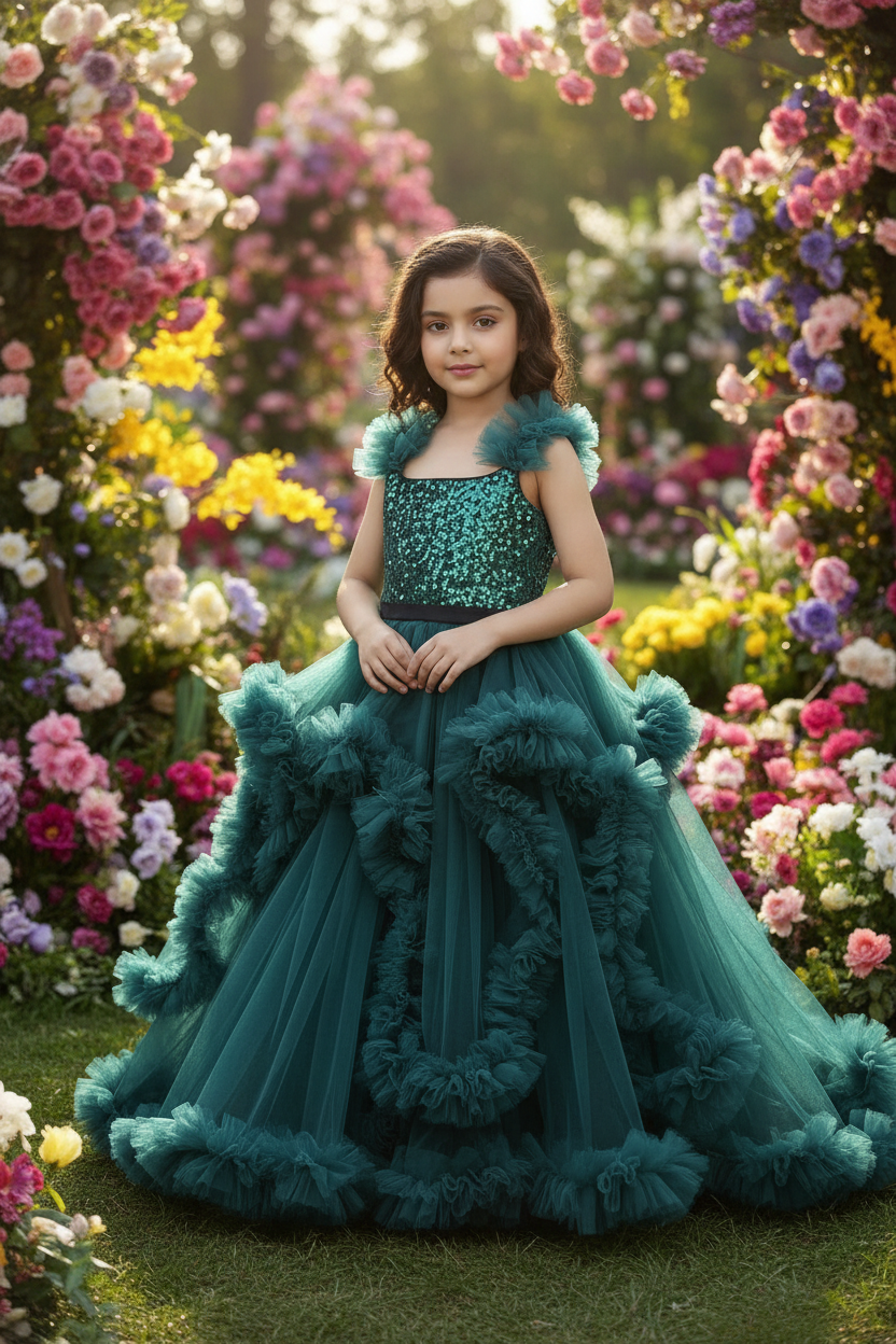 Girls teal green gown length dress M240017