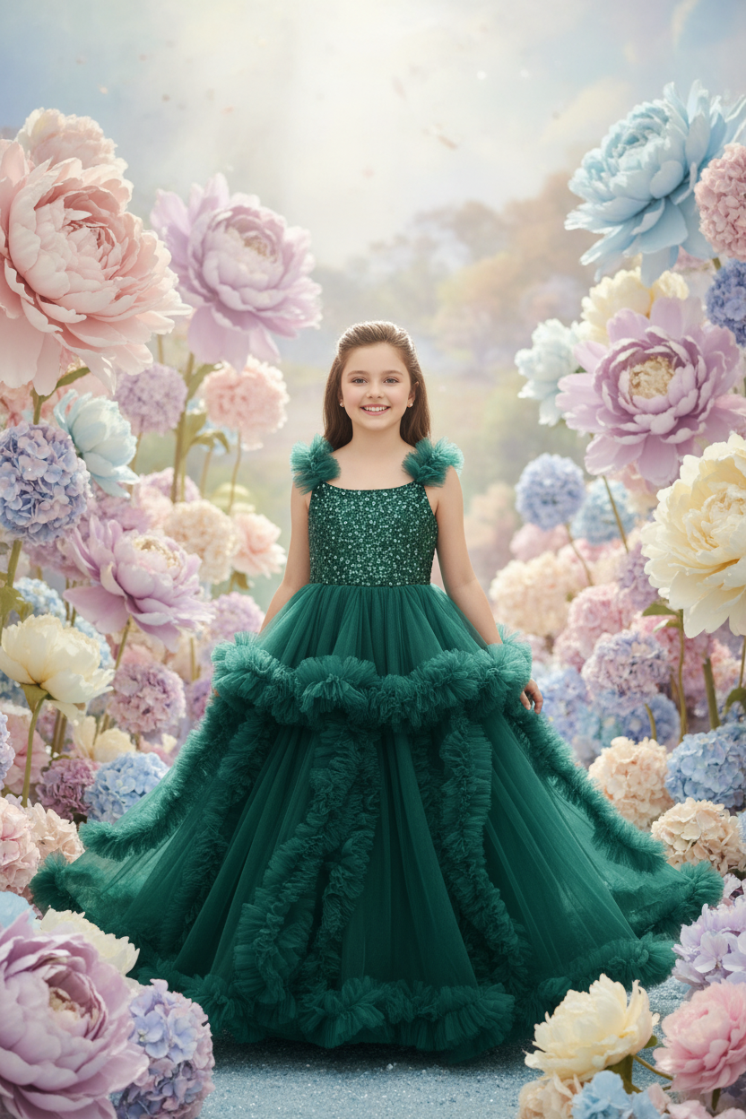 Girls teal green gown length dress M240017