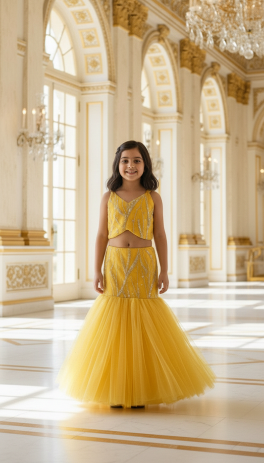 Yellow Color Ethnic Wear Sleeveless Lehenga Choli Set For Girls