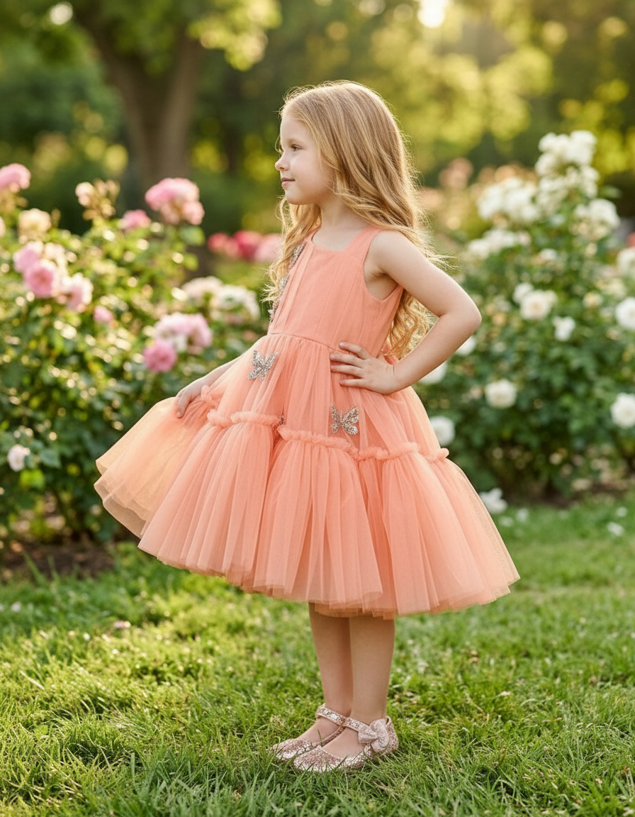 Girls peach casual frock m250043