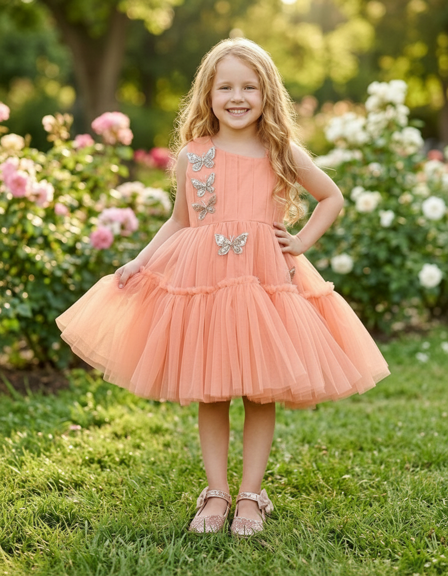 Girls peach casual frock m250043
