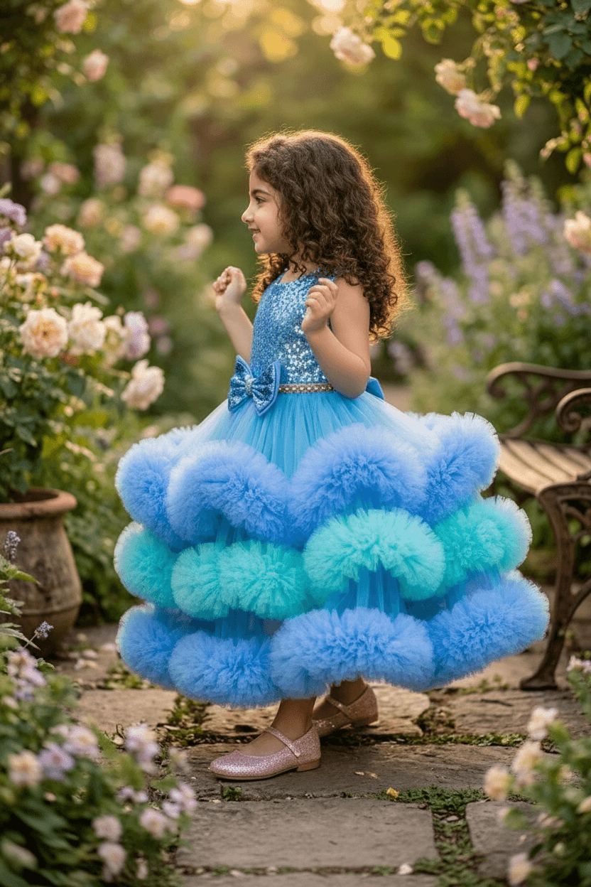 blue flared Birthday Party Frock for Girls m260298